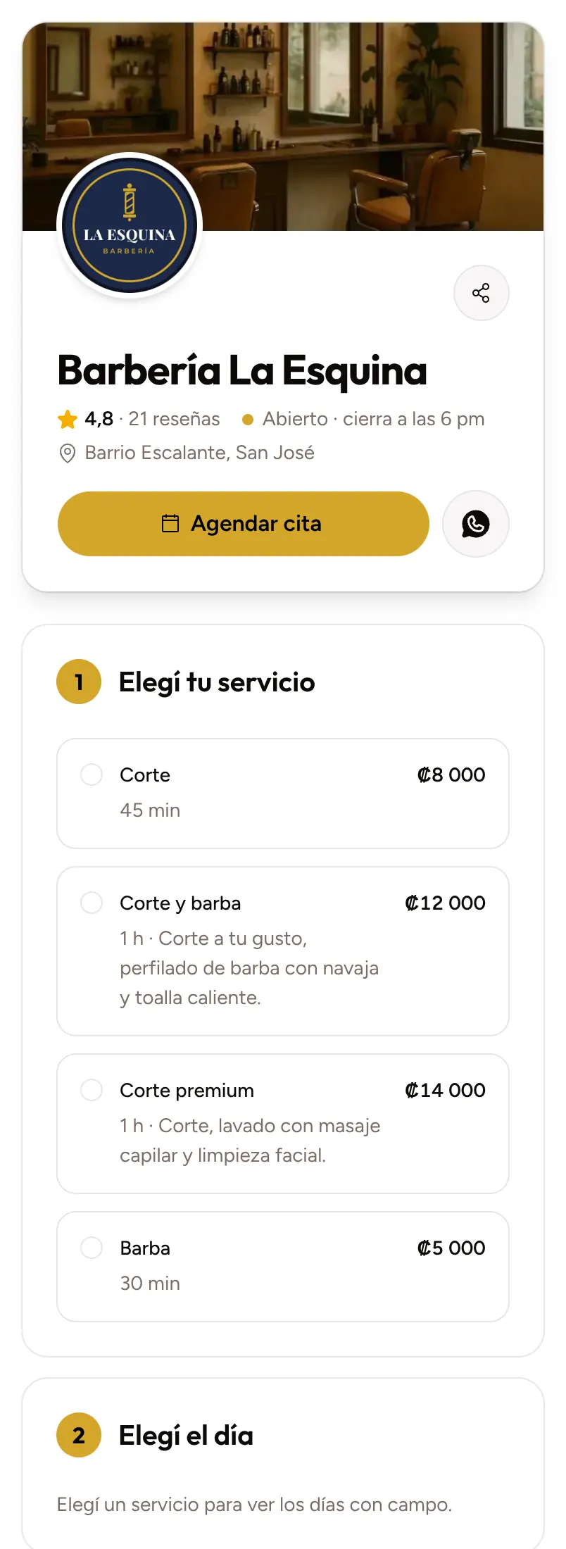 La parte de arriba de la página de una barbería: la foto de portada, el logo, el nombre, la calificación con sus reseñas, si está abierta, el botón para agendar cita y la lista de servicios con su duración y su precio.