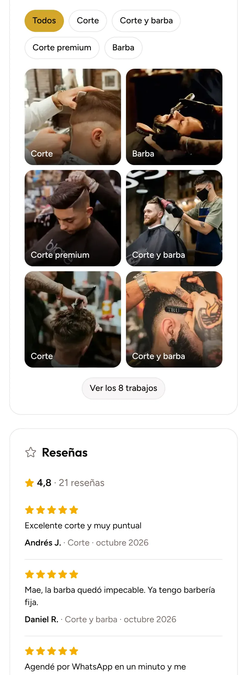 Más abajo en la página de la barbería: las fotos de los trabajos que hizo, que se filtran por servicio, y la sección de reseñas con la calificación y lo que escribieron sus clientes.